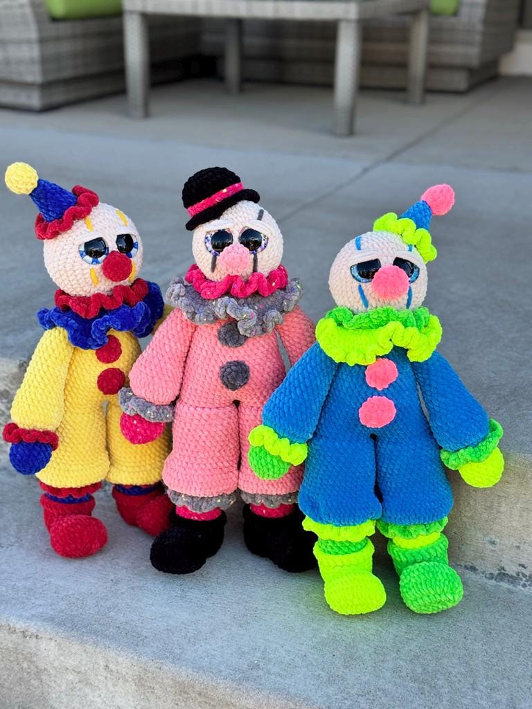 Large Handmade Crochet Circus Clown Plush – Colorful Amigurumi Stuffed Doll, Whimsical Carnival Toy