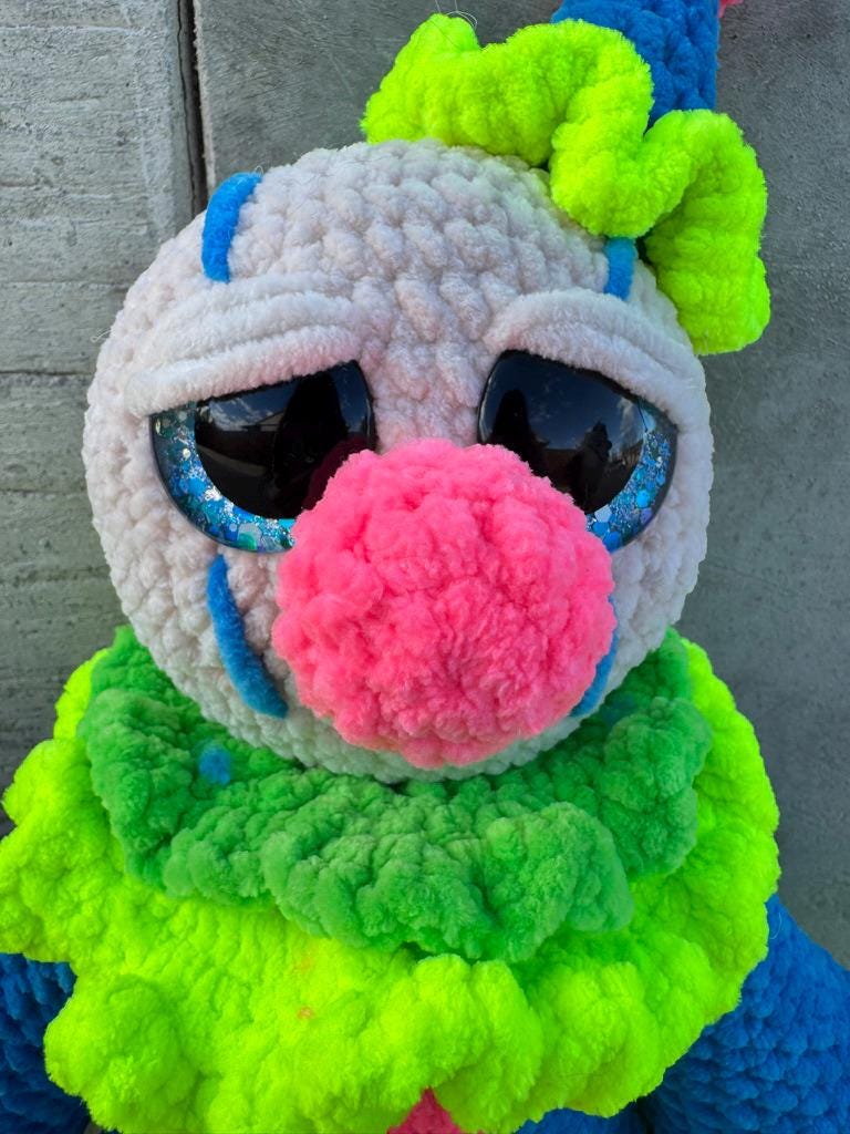 Large Handmade Crochet Circus Clown Plush – Colorful Amigurumi Stuffed Doll, Whimsical Carnival Toy