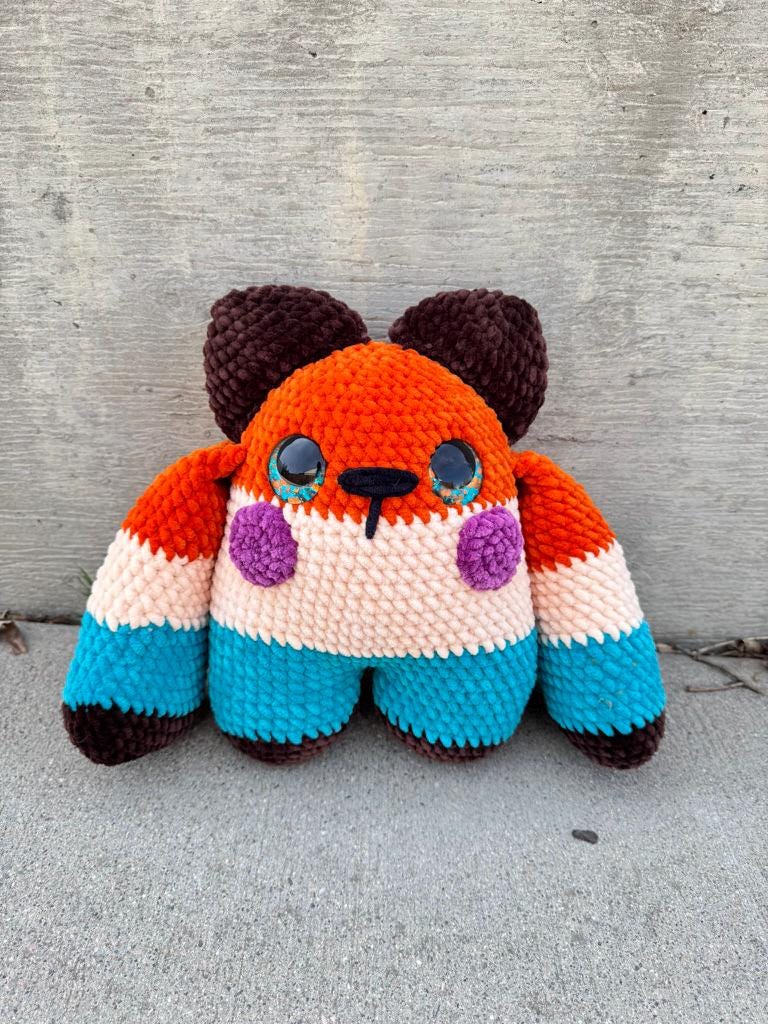 Handmade Crochet Huggie Bear Plushie – Striped Velvet Teddy Toy, Kawaii Stuffed Animal