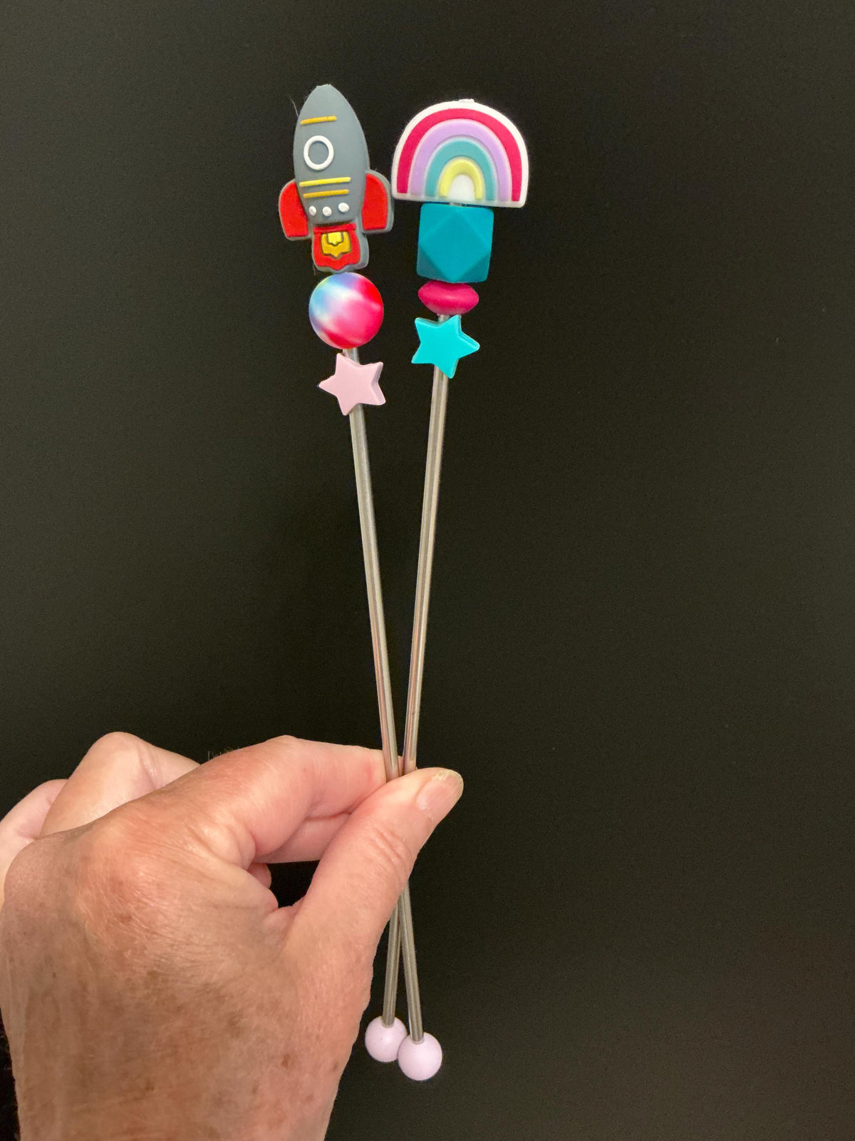 Pair of 10" Space Travel Series Amigurumi Sewing Sticks: Crochet Plushie Knitting Aids, Outer Space Theme
