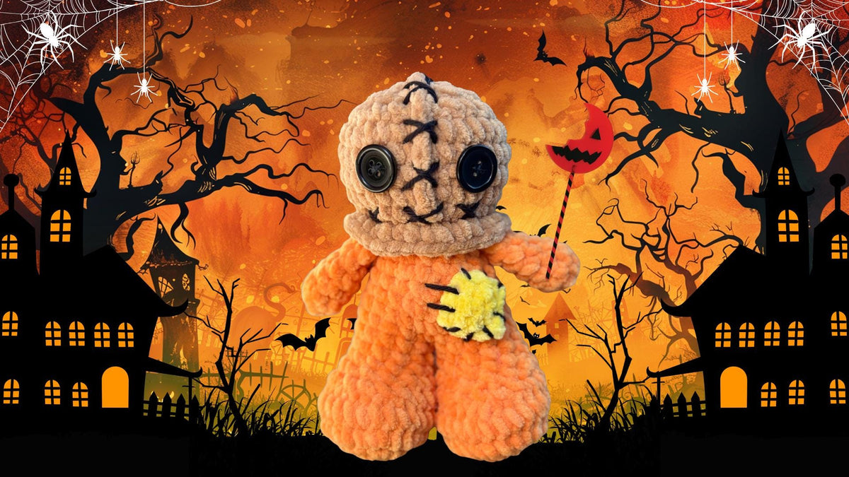 Handmade Crochet Pumpkin Kid Monster Character Plush | 6 Inch Spooky Trick or Treat Doll | Chenille Yarn Horror Decor | Burlap Kid Plushie