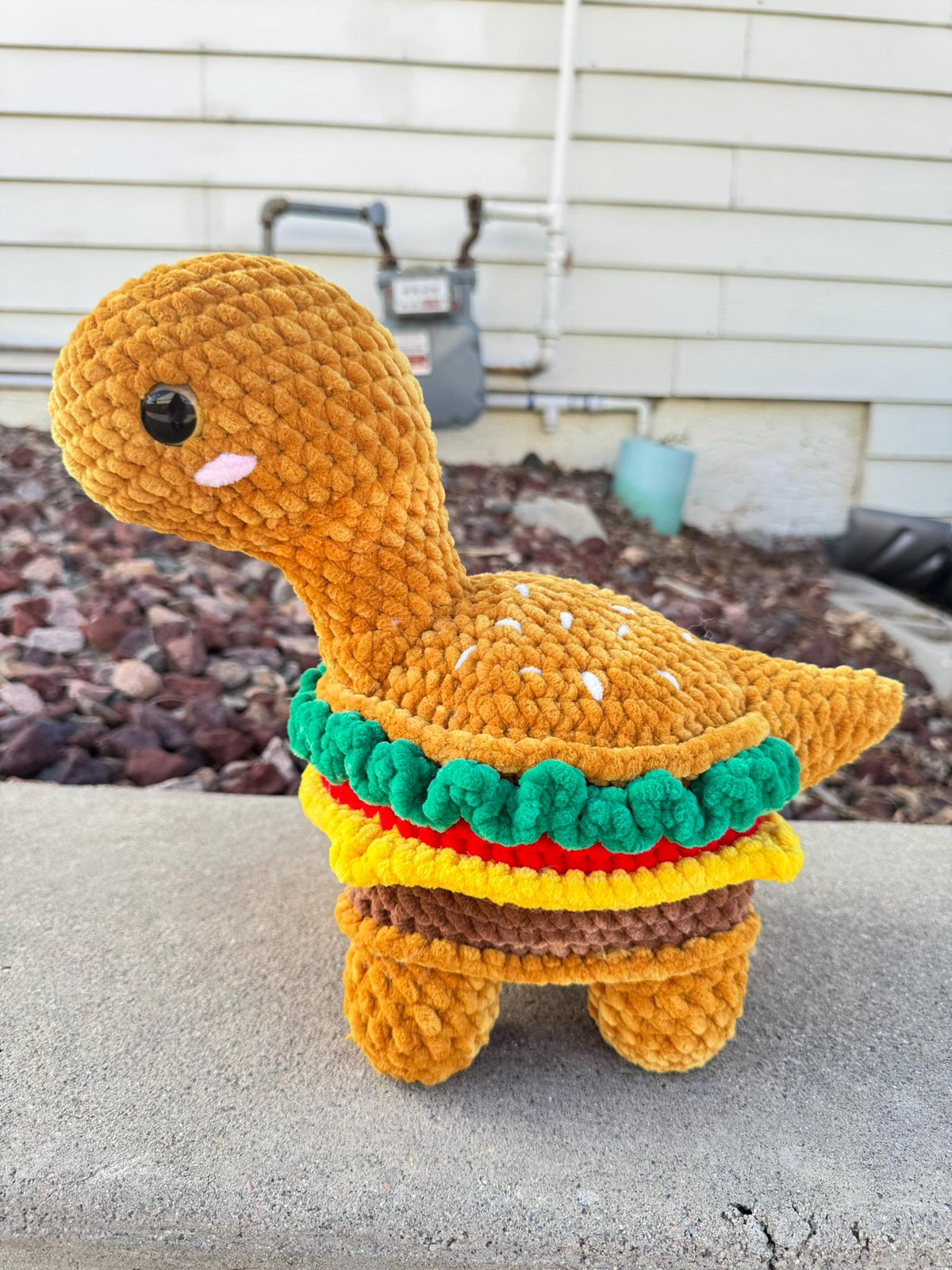 Handmade Crochet Burgersaurus Plushie - Amigurumi Dinosaur Burger Toy | Big or Mini Sized