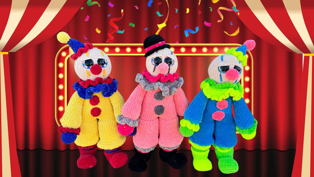 Large Handmade Crochet Circus Clown Plush – Colorful Amigurumi Stuffed Doll, Whimsical Carnival Toy
