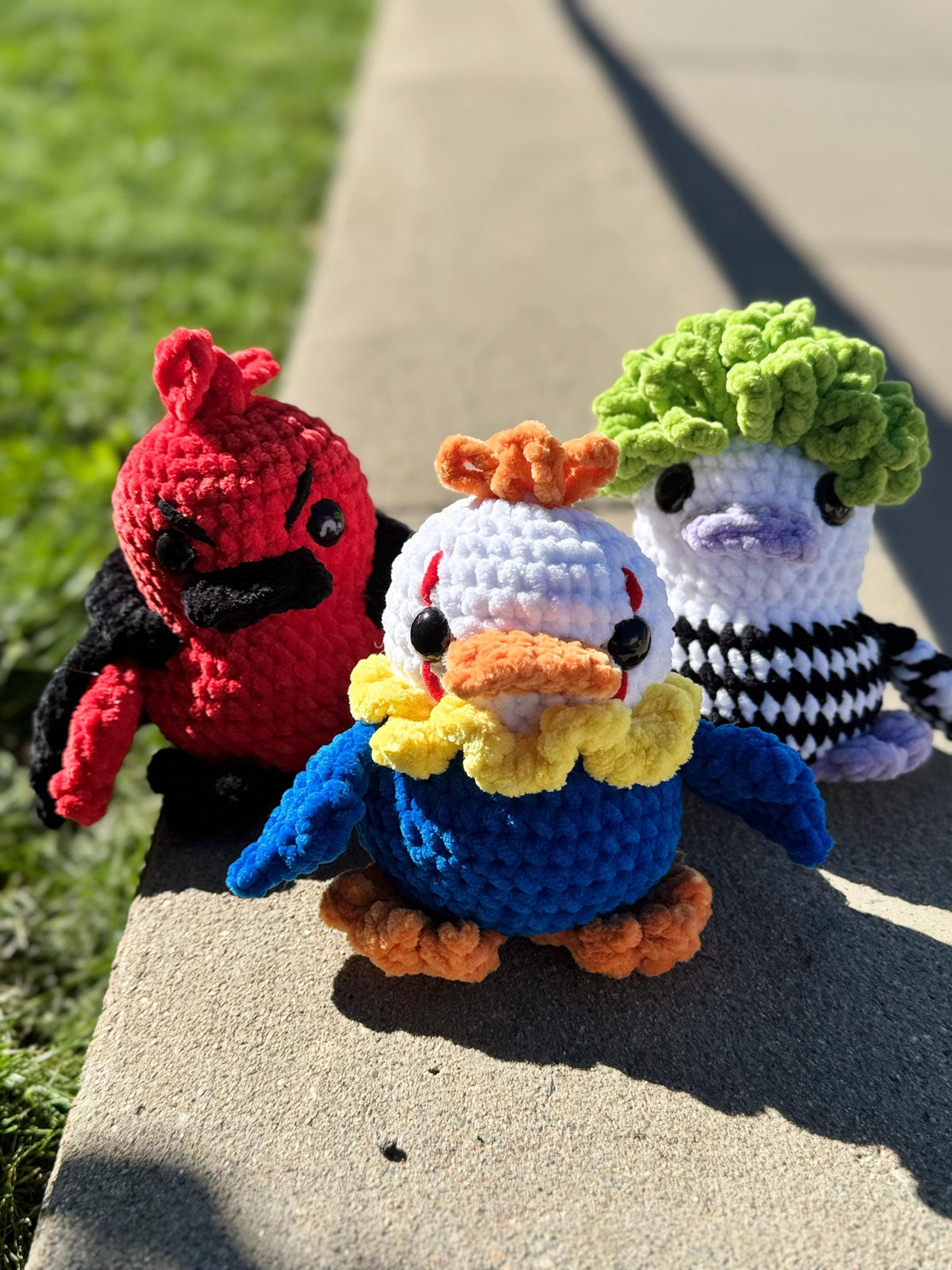 Halloween Crochet Duck Plushies: Beetlejuice, Vampire, Clown Handmade Amigurumi
