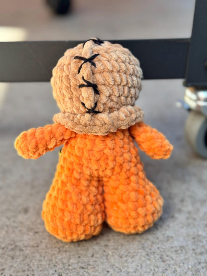 Handmade Crochet Pumpkin Kid Monster Character Plush | 6 Inch Spooky Trick or Treat Doll | Chenille Yarn Horror Decor | Burlap Kid Plushie