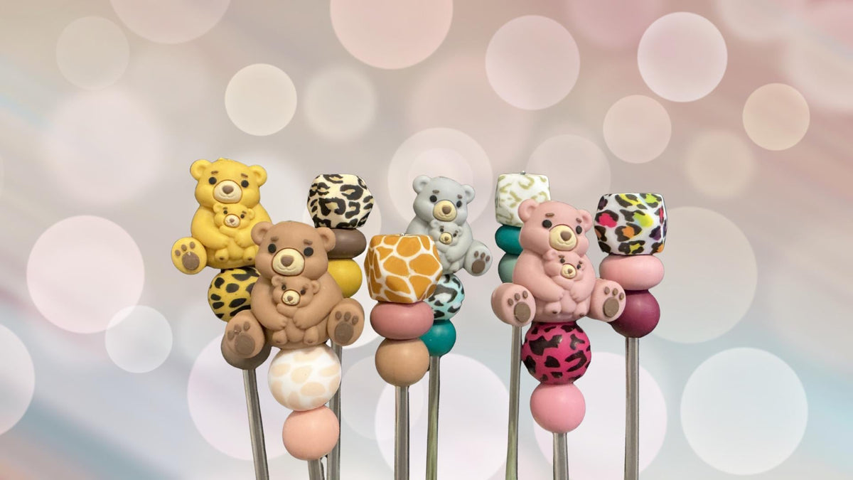 Pair of 6" Kawaii Teddy Bear Amigurumi Sticks: Crochet Plushie Aids, Knitting Needles