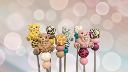 Pair of 6" Kawaii Teddy Bear Amigurumi Sticks: Crochet Plushie Aids, Knitting Needles