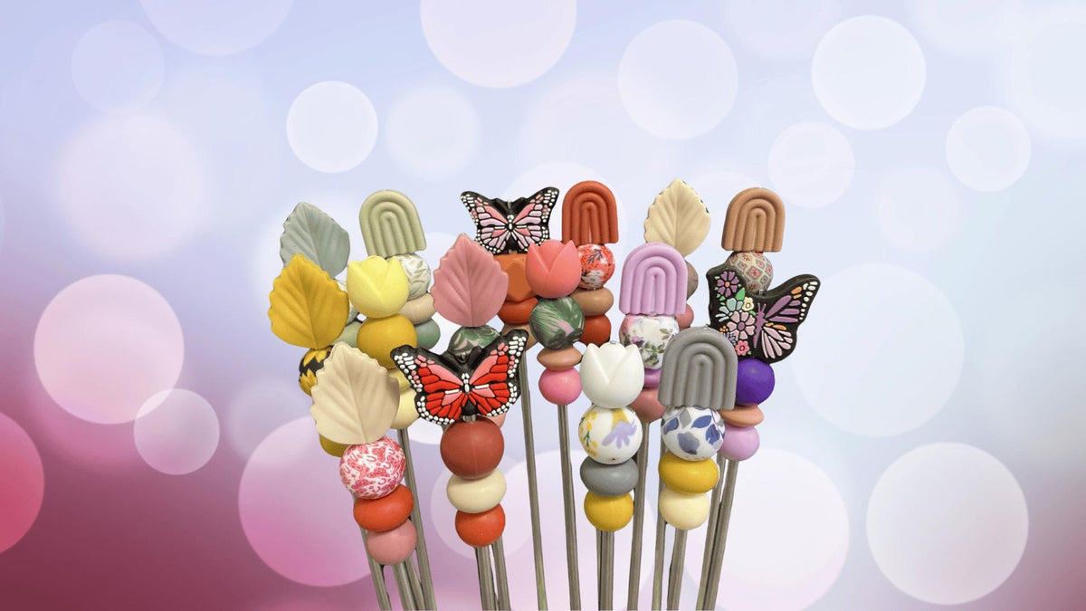 Pair of 6" Springtime Butterfly, Rainbow, Tulip, and Leaf Amigurumi Sticks: Crochet Plushie Aids, Knitting Needles