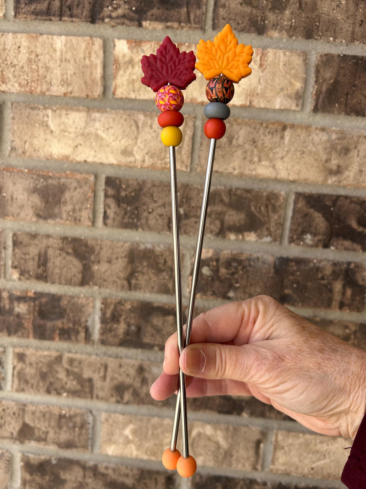 Pair of 10" Maple Leaf Amigurumi Sewing Sticks: Autumn Crochet Plush Knitting Needles