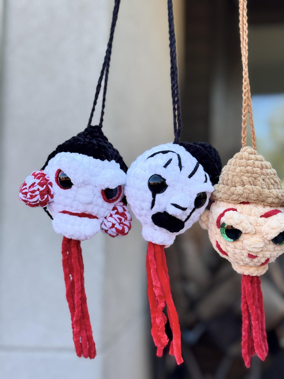 Handmade Crochet Severed Slasher Horror Icon Heads Rear View Mirror Car Swing | Horror Character Car Hanger