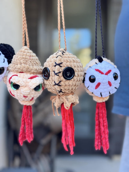 Handmade Crochet Severed Slasher Horror Icon Heads Rear View Mirror Car Swing | Horror Character Car Hanger