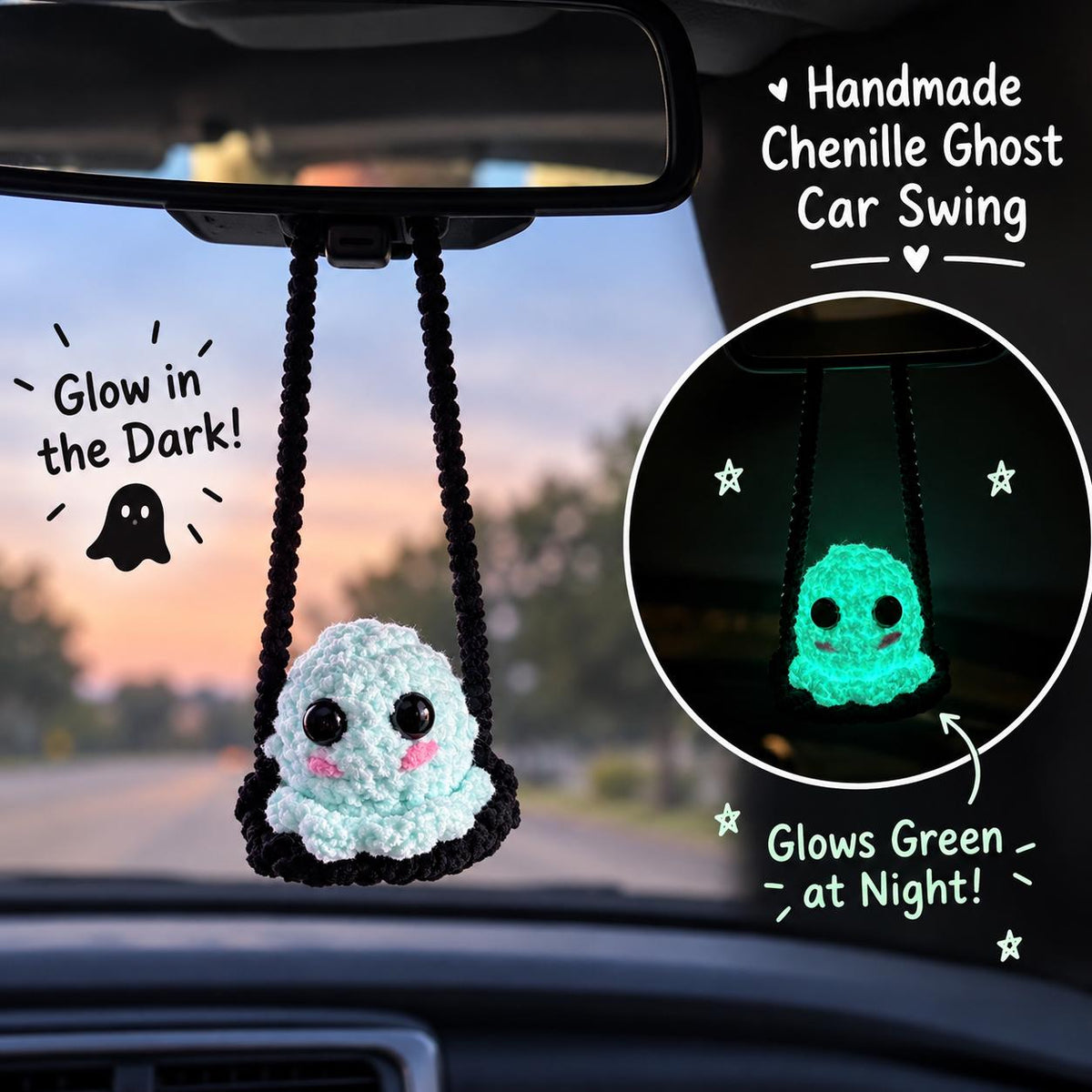 Glow in the Dark Handmade Crochet Ghost Car Charm, Cute Glowing Ghost Car Swing, Halloween Car Charm Hanger, Halloween Decor, Gift for Her