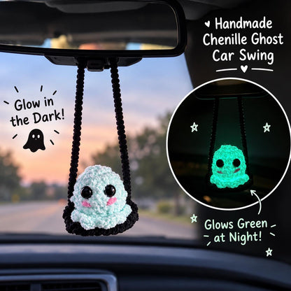 Glow in the Dark Handmade Crochet Ghost Car Charm, Cute Glowing Ghost Car Swing, Halloween Car Charm Hanger, Halloween Decor, Gift for Her