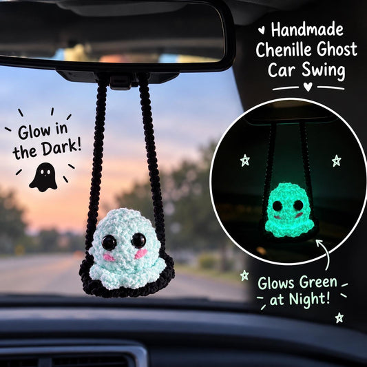 Glow in the Dark Handmade Crochet Ghost Car Charm, Cute Glowing Ghost Car Swing, Halloween Car Charm Hanger, Halloween Decor, Gift for Her