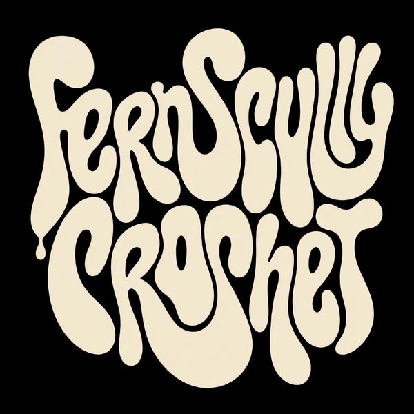 The text 'FernSchully Crochet' is written in a bold, retro, wavy cream-colored font on a solid black background.