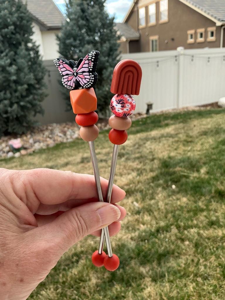 Pair of 6" Springtime Butterfly, Rainbow, Tulip, and Leaf Amigurumi Sticks: Crochet Plushie Aids, Knitting Needles
