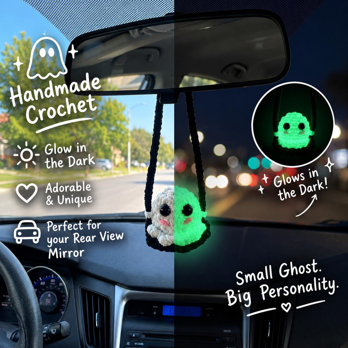 Glow in the Dark Handmade Crochet Ghost Car Charm, Cute Glowing Ghost Car Swing, Halloween Car Charm Hanger, Halloween Decor, Gift for Her