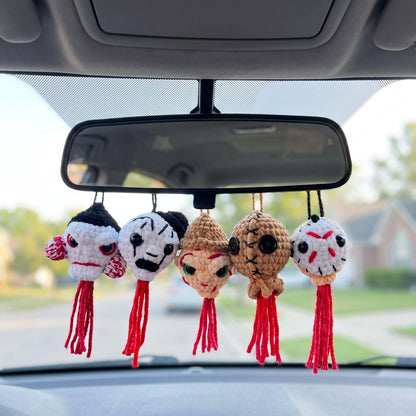 Handmade Crochet Severed Slasher Horror Icon Heads Rear View Mirror Car Swing | Horror Character Car Hanger