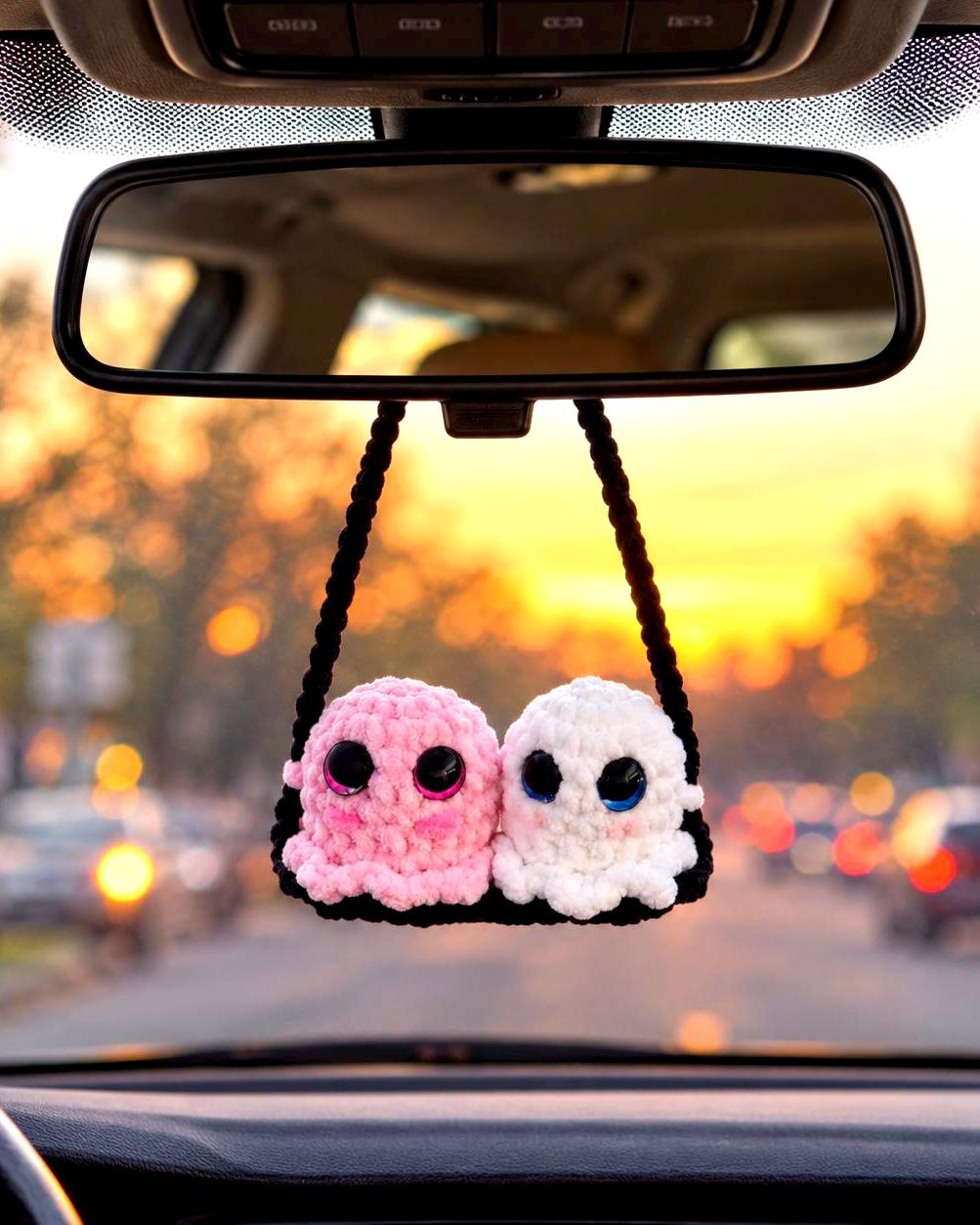 Handmade Crochet Ghost Car Charms, Cute Ghost Couple Car Hanging, Halloween Car Charm Hanger, Halloween Decor, Car Gift for Her
