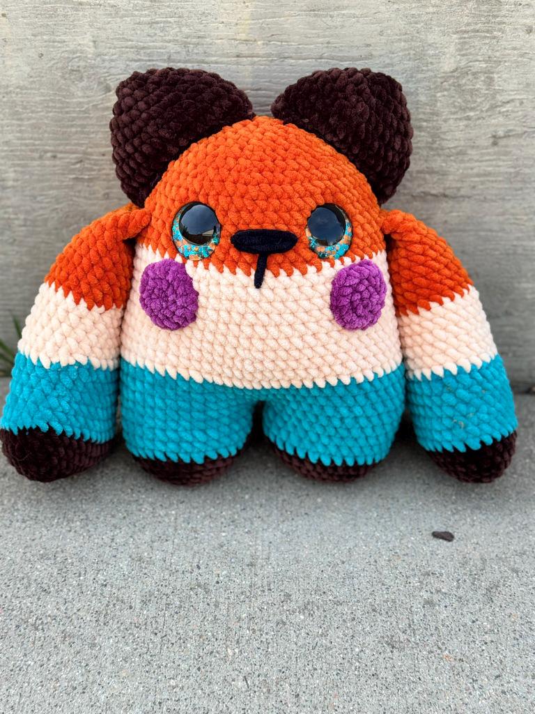Handmade Crochet Huggie Bear Plushie – Striped Velvet Teddy Toy, Kawaii Stuffed Animal