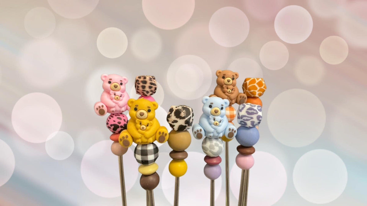 Pair of 8" Kawaii Teddy Bear Amigurumi Sticks: Crochet Plushie Aids, Knitting Needles
