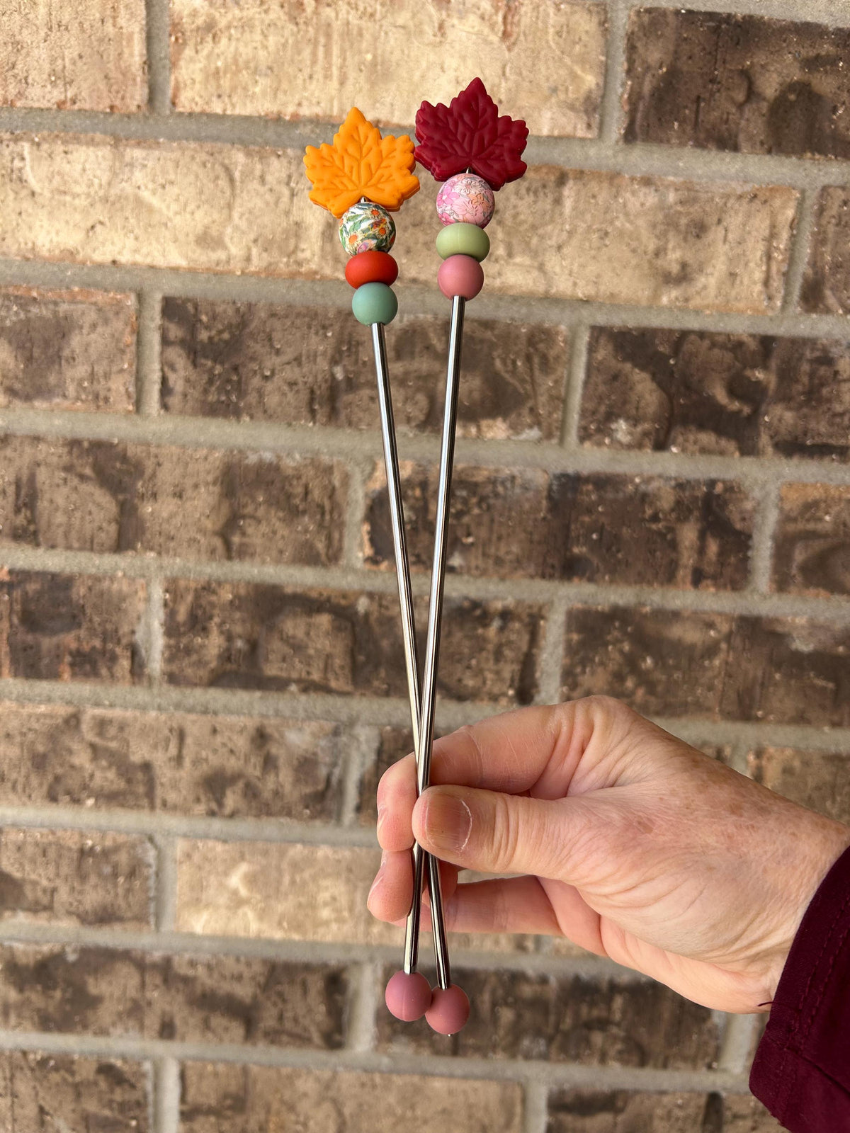 Pair of 10" Maple Leaf Amigurumi Sewing Sticks: Autumn Crochet Plush Knitting Needles