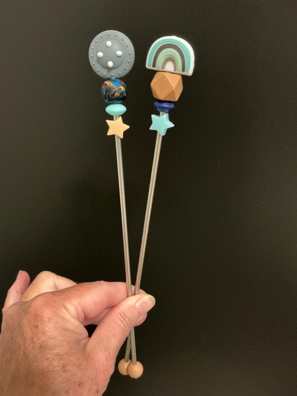 Pair of 10" Space Travel Series Amigurumi Sewing Sticks: Crochet Plushie Knitting Aids, Outer Space Theme