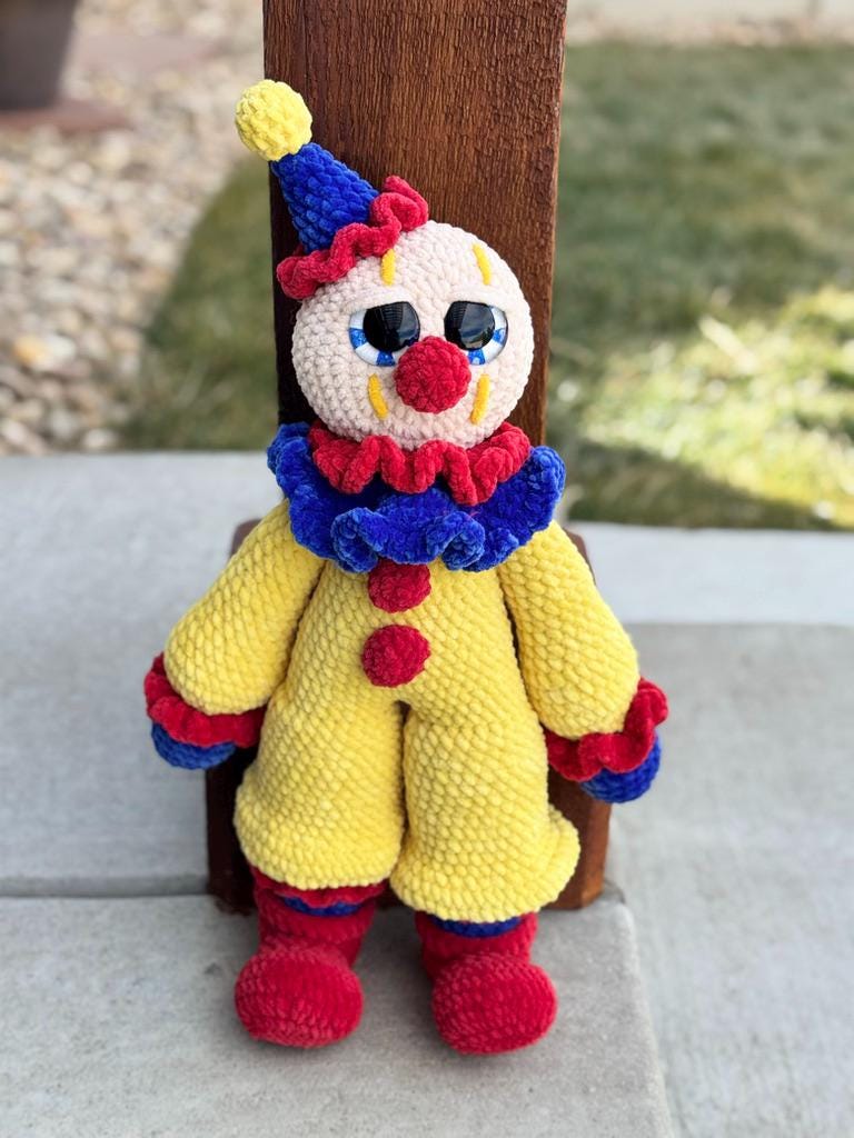 Large Handmade Crochet Circus Clown Plush – Colorful Amigurumi Stuffed Doll, Whimsical Carnival Toy