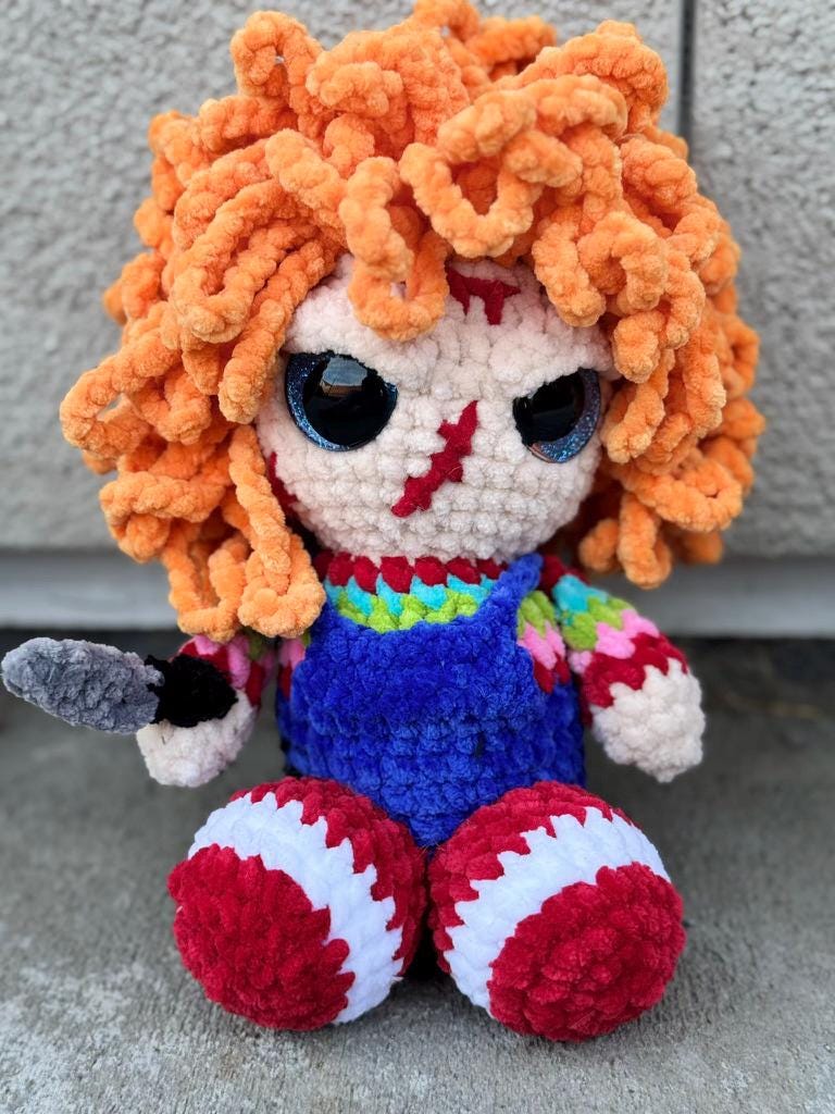 Handmade Crochet Killer Doll Plushie | Creepy Cute Horror-Inspired Amigurumi | Horror Slasher Movie Character | Chenille Yarn Scary Doll Toy