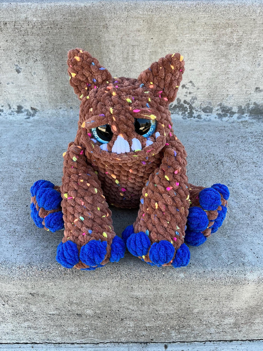 Handmade Crochet Chocolate Pom Pom Monster | Tiny Chenille Plush Desk Buddy Toy