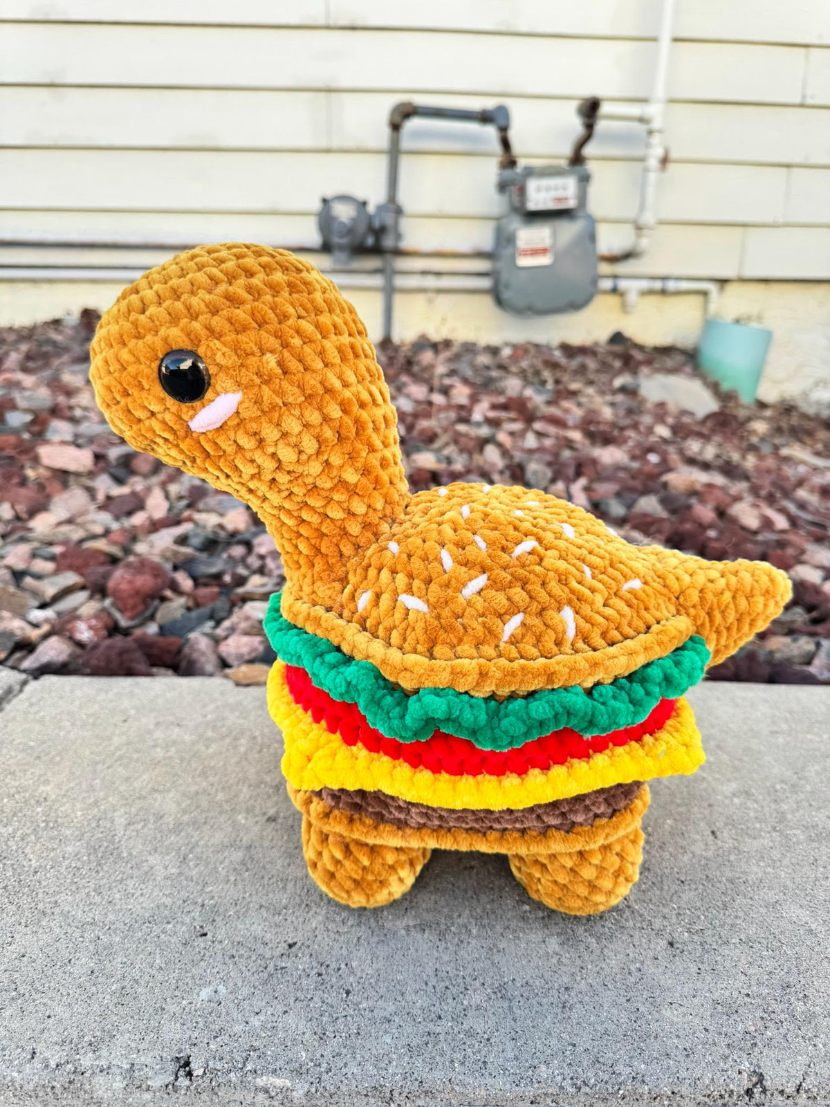 Handmade Crochet Burgersaurus Plushie - Amigurumi Dinosaur Burger Toy | Big or Mini Sized
