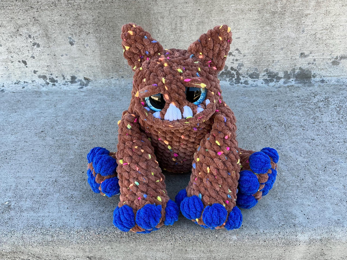 Handmade Crochet Chocolate Pom Pom Monster | Tiny Chenille Plush Desk Buddy Toy