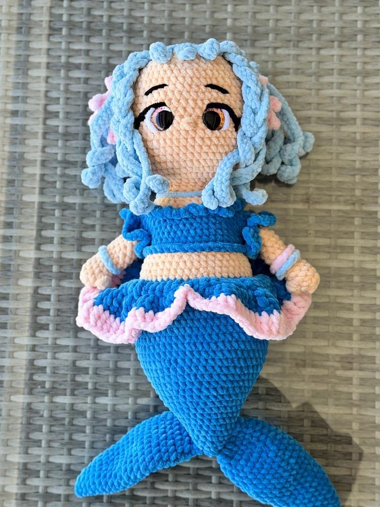 Handmade Crochet Mermaid Plushie: Chenille Yarn, Glitter Eyes, Nursery Decor