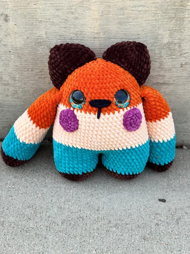 Handmade Crochet Huggie Bear Plushie – Striped Velvet Teddy Toy, Kawaii Stuffed Animal
