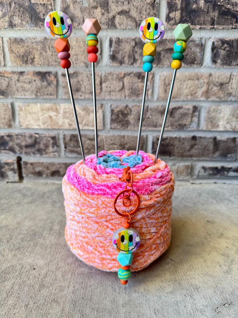 Pair of 10" Rainbow Smiley Face Sewing Sticks: Crochet Plushie Aids | Crochet Plushie Knitting Needles | 90s Throwback Retro Plushie Poker