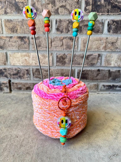 Pair of 10" Rainbow Smiley Face Sewing Sticks: Crochet Plushie Aids | Crochet Plushie Knitting Needles | 90s Throwback Retro Plushie Poker