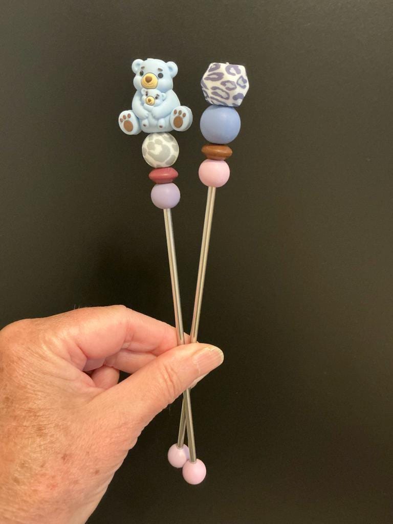 Pair of 8" Kawaii Teddy Bear Amigurumi Sticks: Crochet Plushie Aids, Knitting Needles
