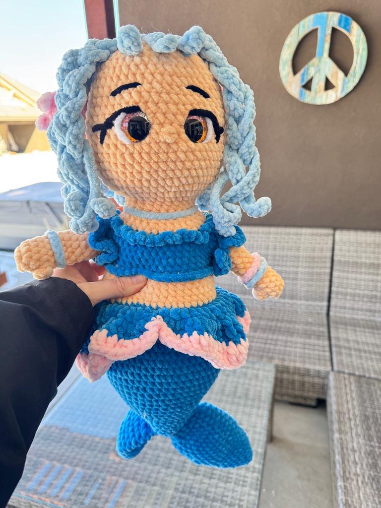 Handmade Crochet Mermaid Plushie: Chenille Yarn, Glitter Eyes, Nursery Decor