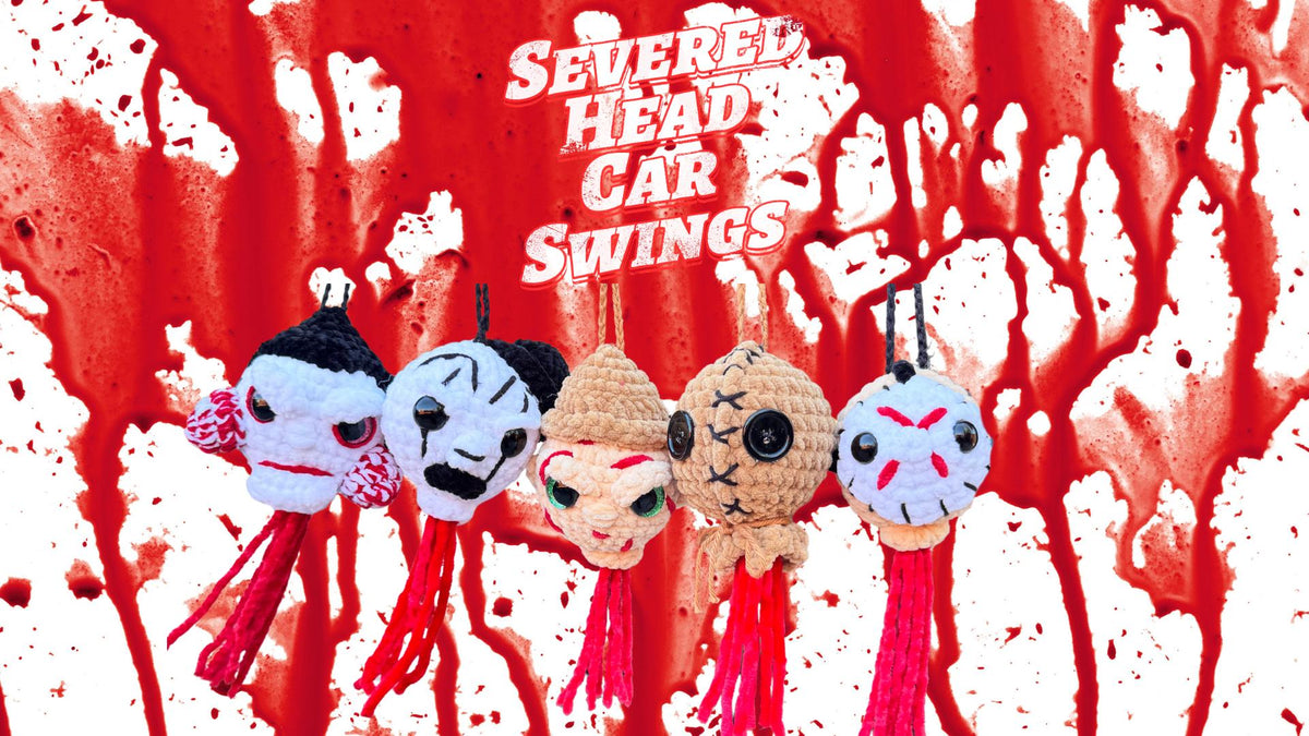 Handmade Crochet Severed Slasher Horror Icon Heads Rear View Mirror Car Swing | Horror Character Car Hanger