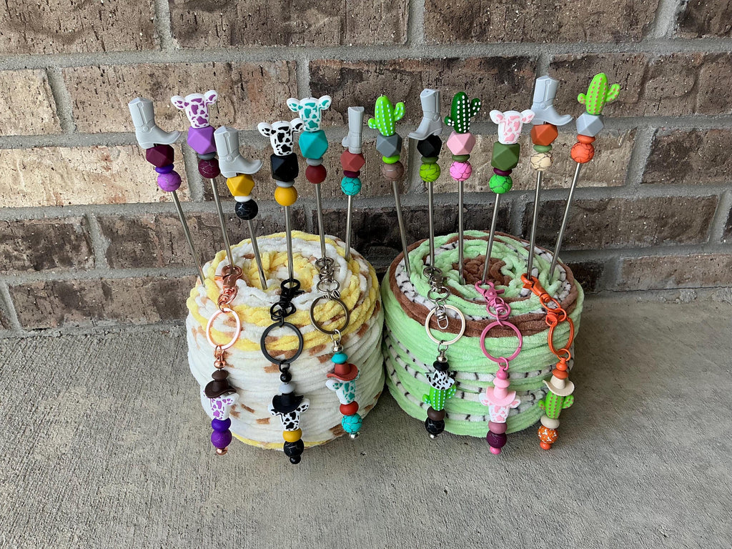 Pair of 10" Western Ami Sticks with FREE KEYCHAIN | Boot, Cow, Cactus Amigurumi Sticks| Cowboy Crochet Plushie Knitting Needles