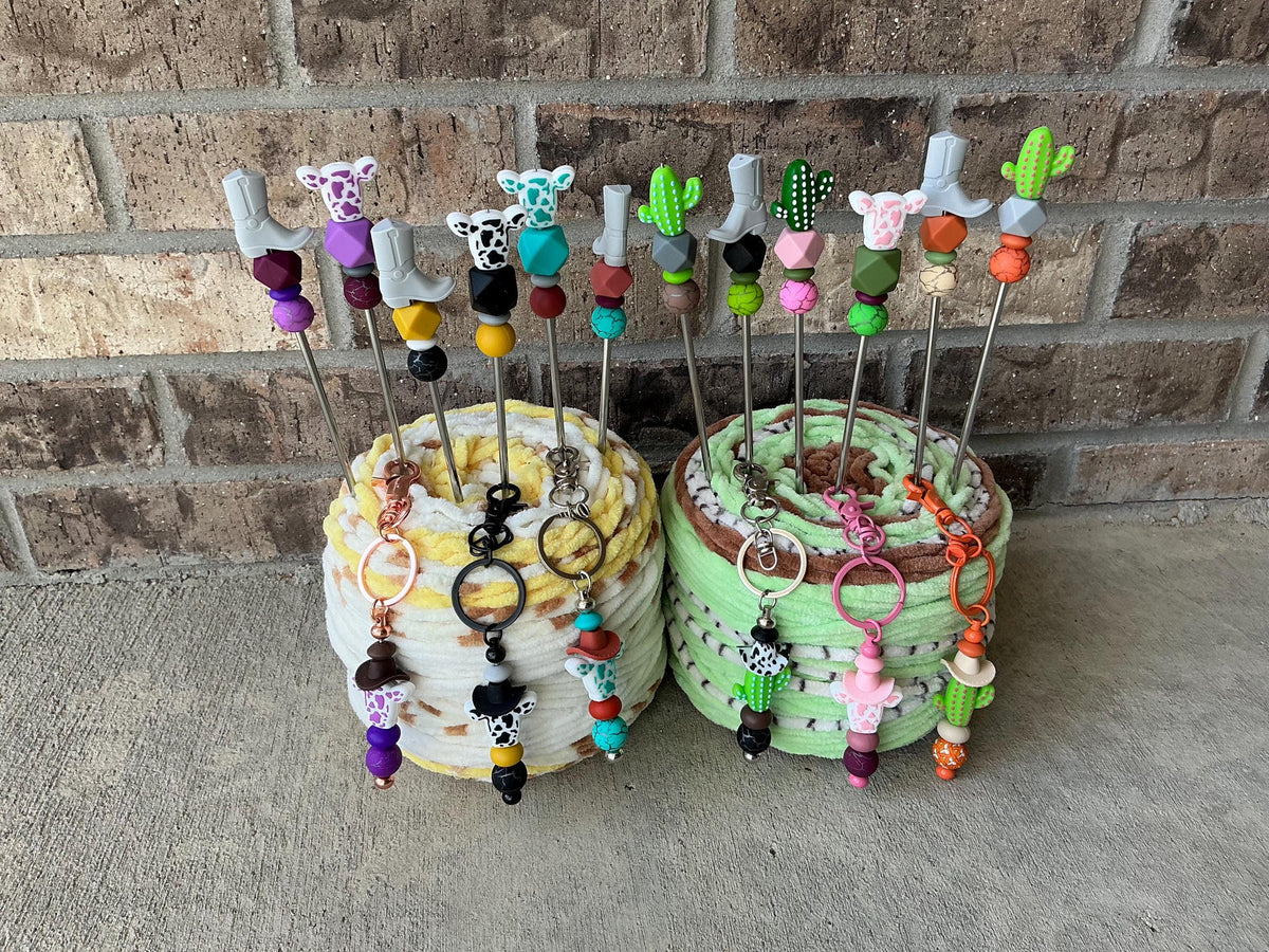 Pair of 10" Western Ami Sticks with FREE KEYCHAIN | Boot, Cow, Cactus Amigurumi Sticks| Cowboy Crochet Plushie Knitting Needles