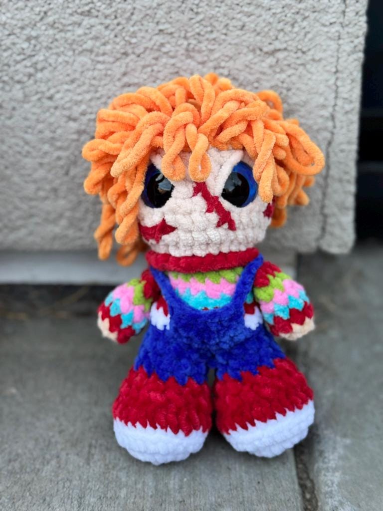 Handmade Crochet Killer Doll Plushie | Creepy Cute Horror-Inspired Amigurumi | Horror Slasher Movie Character | Chenille Yarn Scary Doll Toy