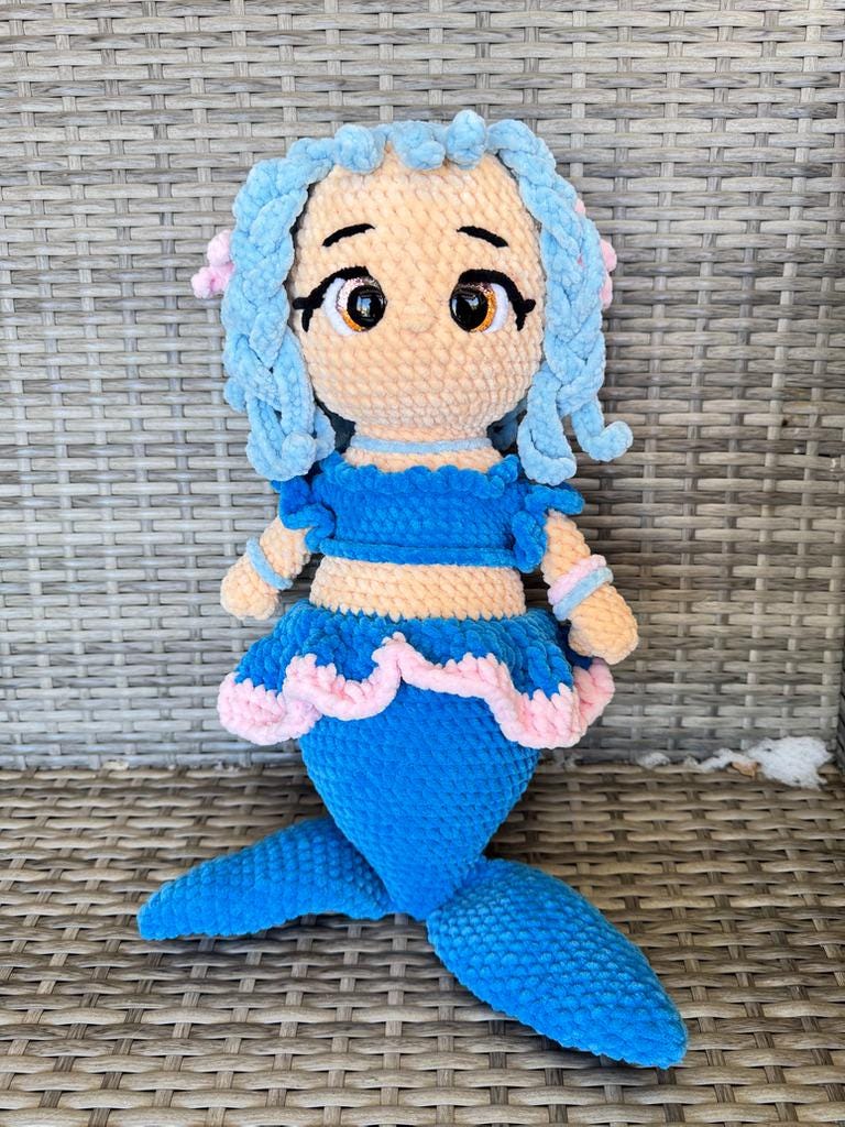Handmade Crochet Mermaid Plushie: Chenille Yarn, Glitter Eyes, Nursery Decor