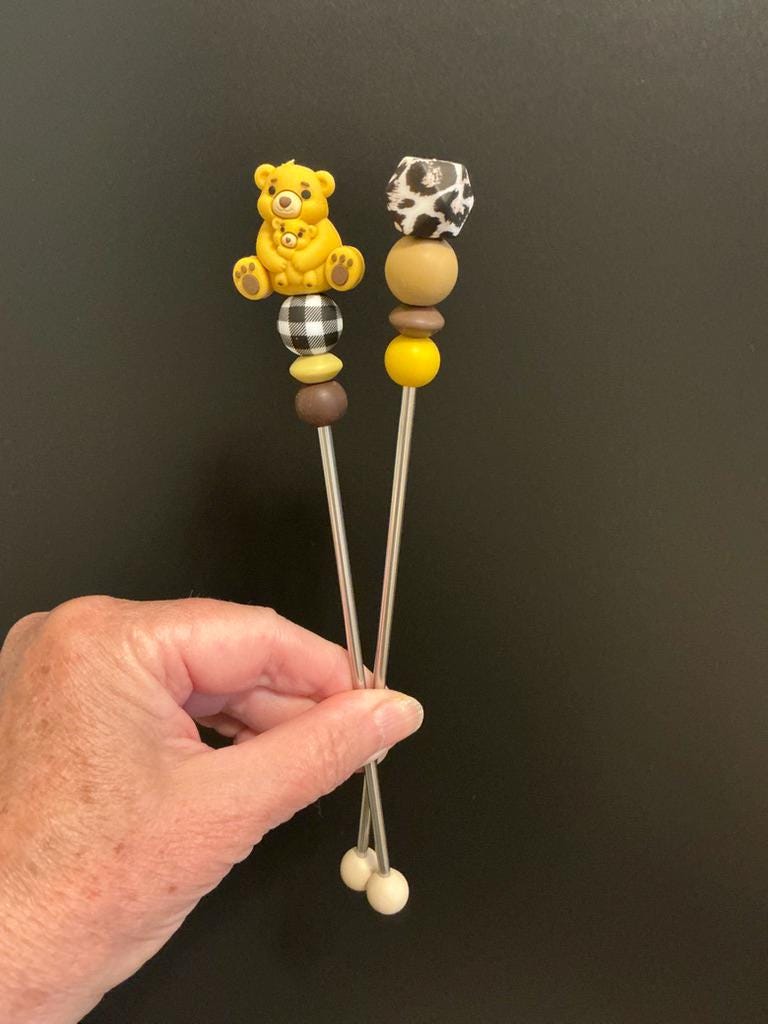 Pair of 8" Kawaii Teddy Bear Amigurumi Sticks: Crochet Plushie Aids, Knitting Needles