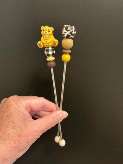 Pair of 8" Kawaii Teddy Bear Amigurumi Sticks: Crochet Plushie Aids, Knitting Needles