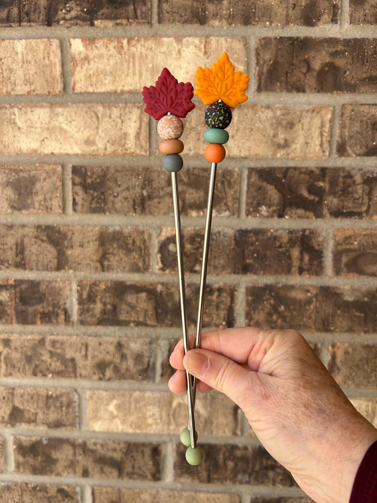 Pair of 10" Maple Leaf Amigurumi Sewing Sticks: Autumn Crochet Plush Knitting Needles