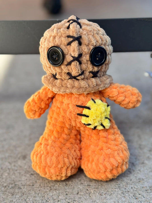Handmade Crochet Pumpkin Kid Monster Character Plush | 6 Inch Spooky Trick or Treat Doll | Chenille Yarn Horror Decor | Burlap Kid Plushie