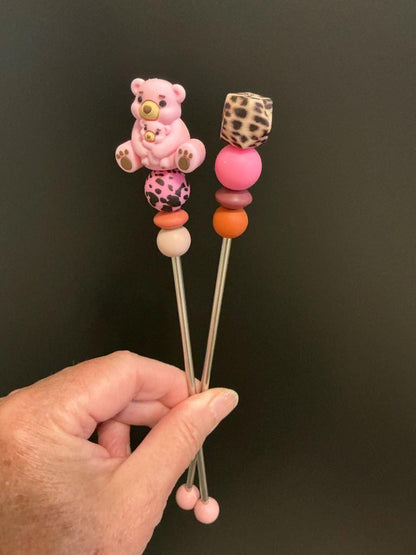 Pair of 8" Kawaii Teddy Bear Amigurumi Sticks: Crochet Plushie Aids, Knitting Needles