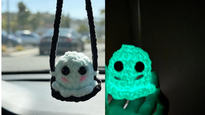 Glow in the Dark Handmade Crochet Ghost Car Charm, Cute Glowing Ghost Car Swing, Halloween Car Charm Hanger, Halloween Decor, Gift for Her
