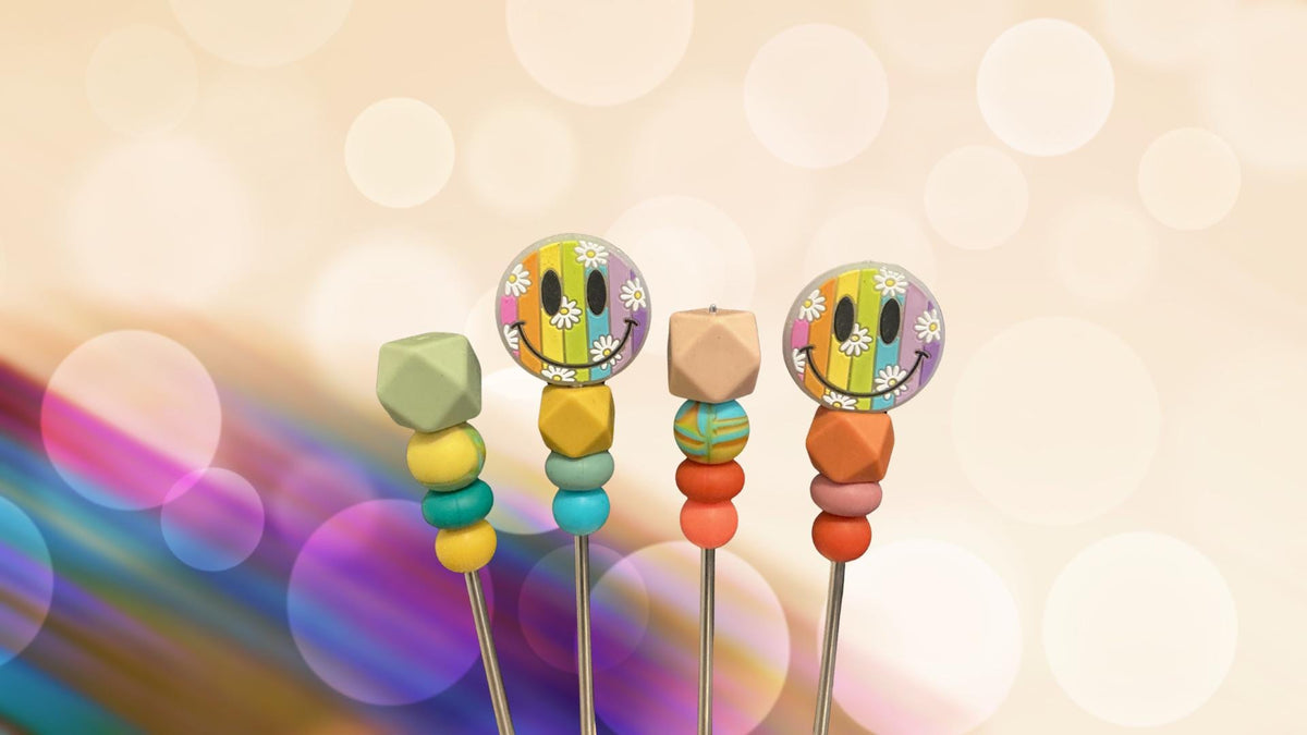 Pair of 10" Rainbow Smiley Face Sewing Sticks: Crochet Plushie Aids | Crochet Plushie Knitting Needles | 90s Throwback Retro Plushie Poker